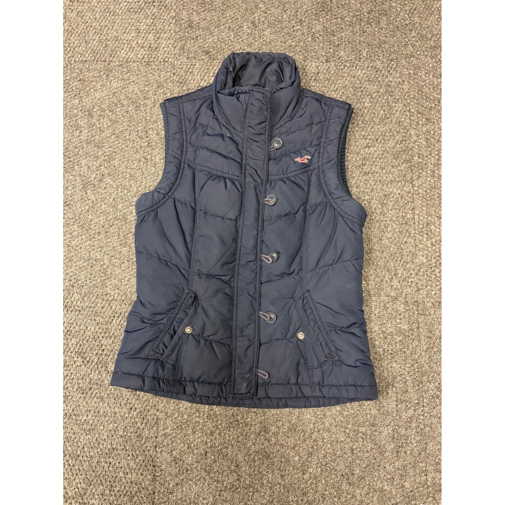 Hollister Navy Blue Quilted Puffer Vest Mock Neck Button Front Women's Size M
